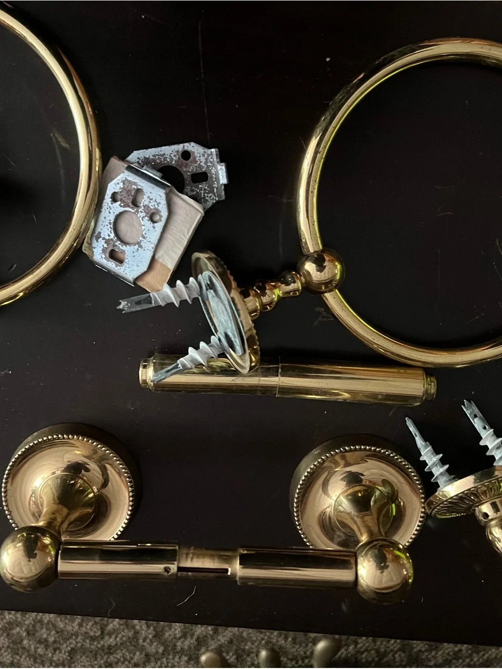 Brass Finish Towel Ring, Toilet Paper Holder, and Hooks Bath Accessory Set